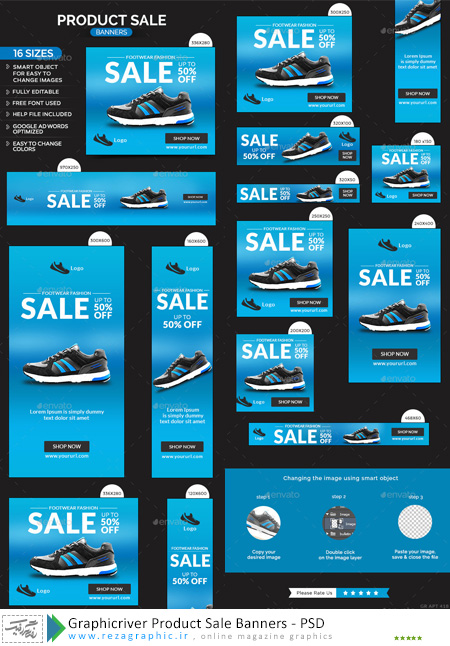 مجموعه طرح لایه باز بنر محصولات با رنگ آبی از گرافیک ریور-Graphicriver Product Sale Banners | رضاگرافیک 